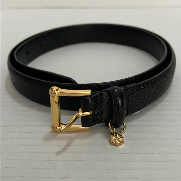 Ralph Lauren Classic Chic Black Leather Textured Belt Women’s M Gold Logo Charm - Picture 2 of 10